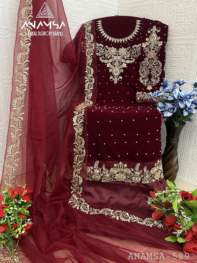 Anamsa 589 Velvet Embroidery Pakistani Dress Material Wholesale Market 